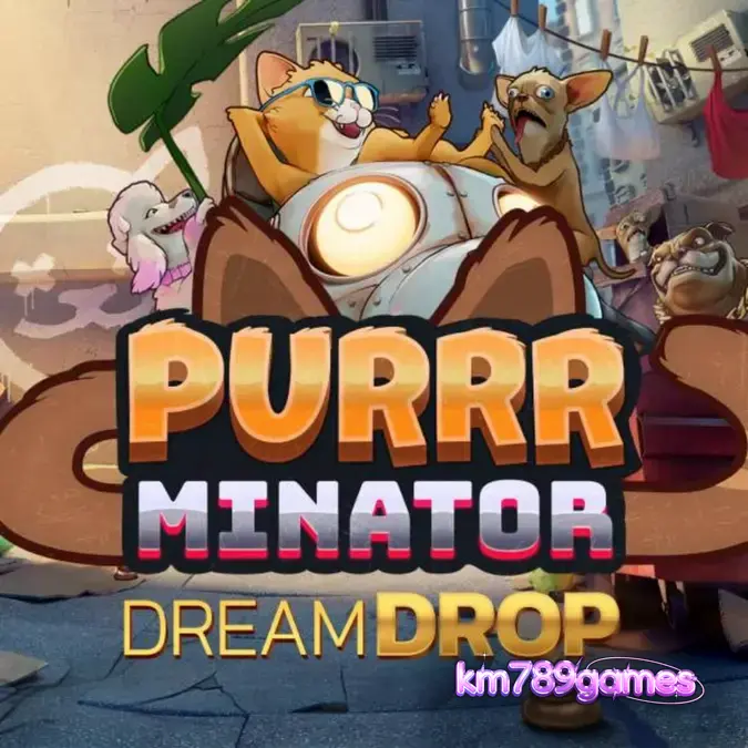 Tampilan antarmuka seluler slot Purrrminator Dream Drop dengan latar belakang neon distopia.